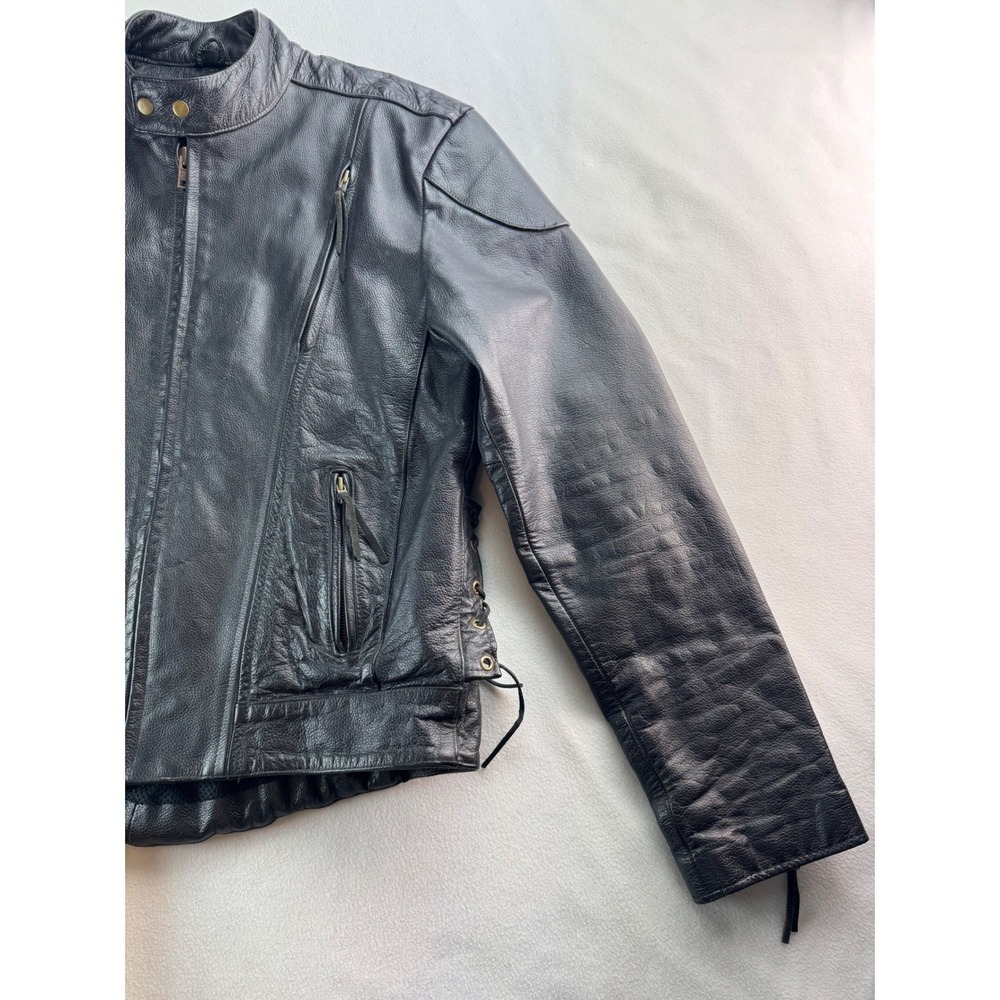 Mens Black Leather‎ Motorcycle Jacket Biker Style Quilted Accents Sz 46 NO LINER - Picture 3 of 16